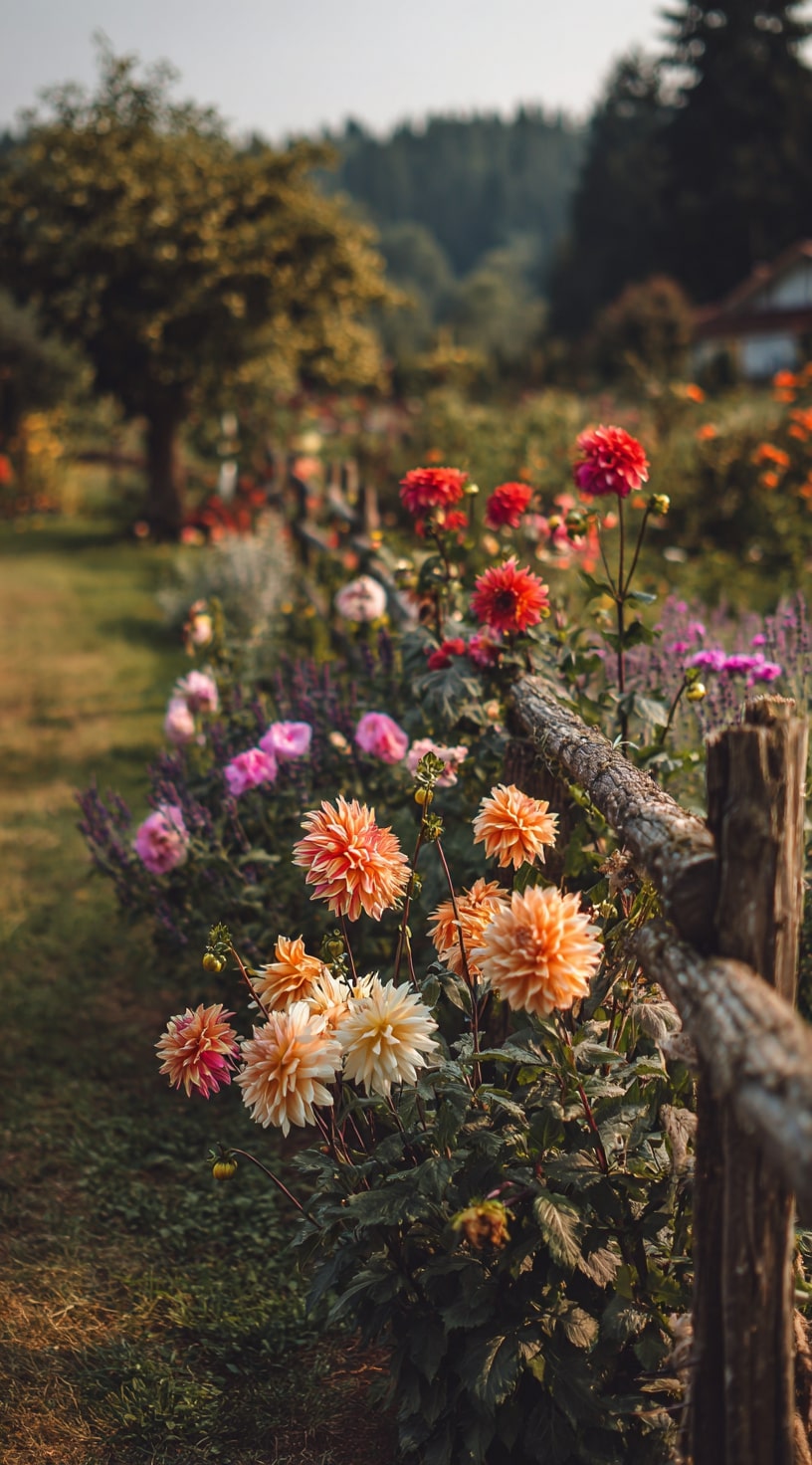 5. Country Garden Fence Lined with Summer Dahlias