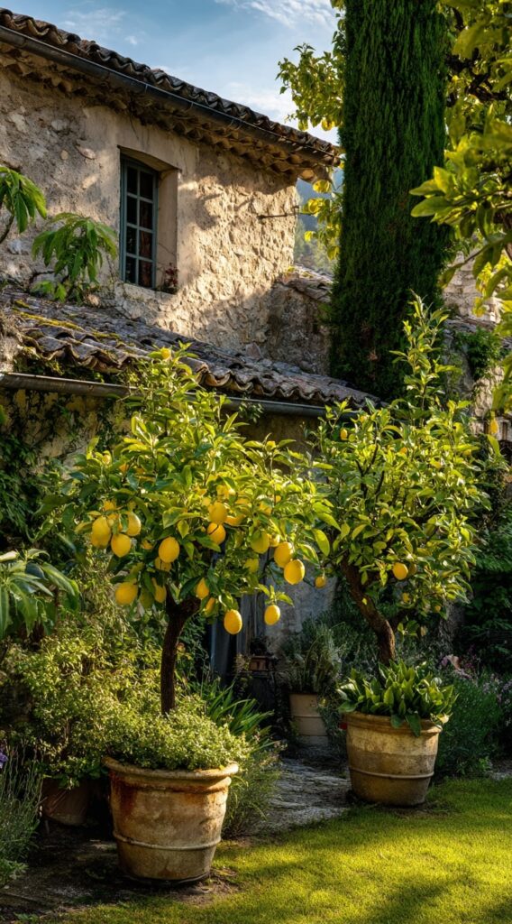 Potted Lemon Trees Beside a Rustic Stone Cottage

