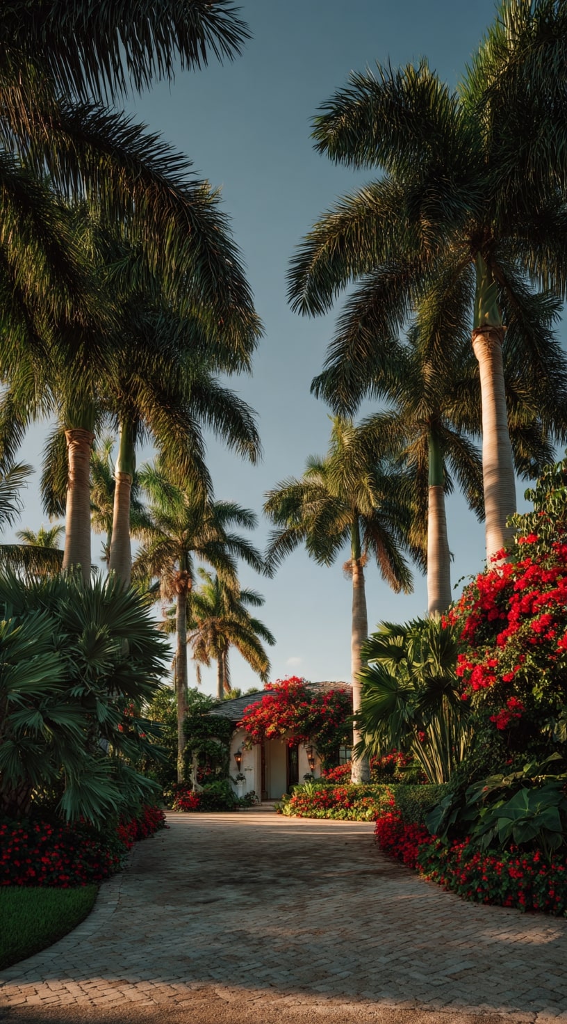 13. Tropical Driveway Framed by Palm Trees and Bougainvillea