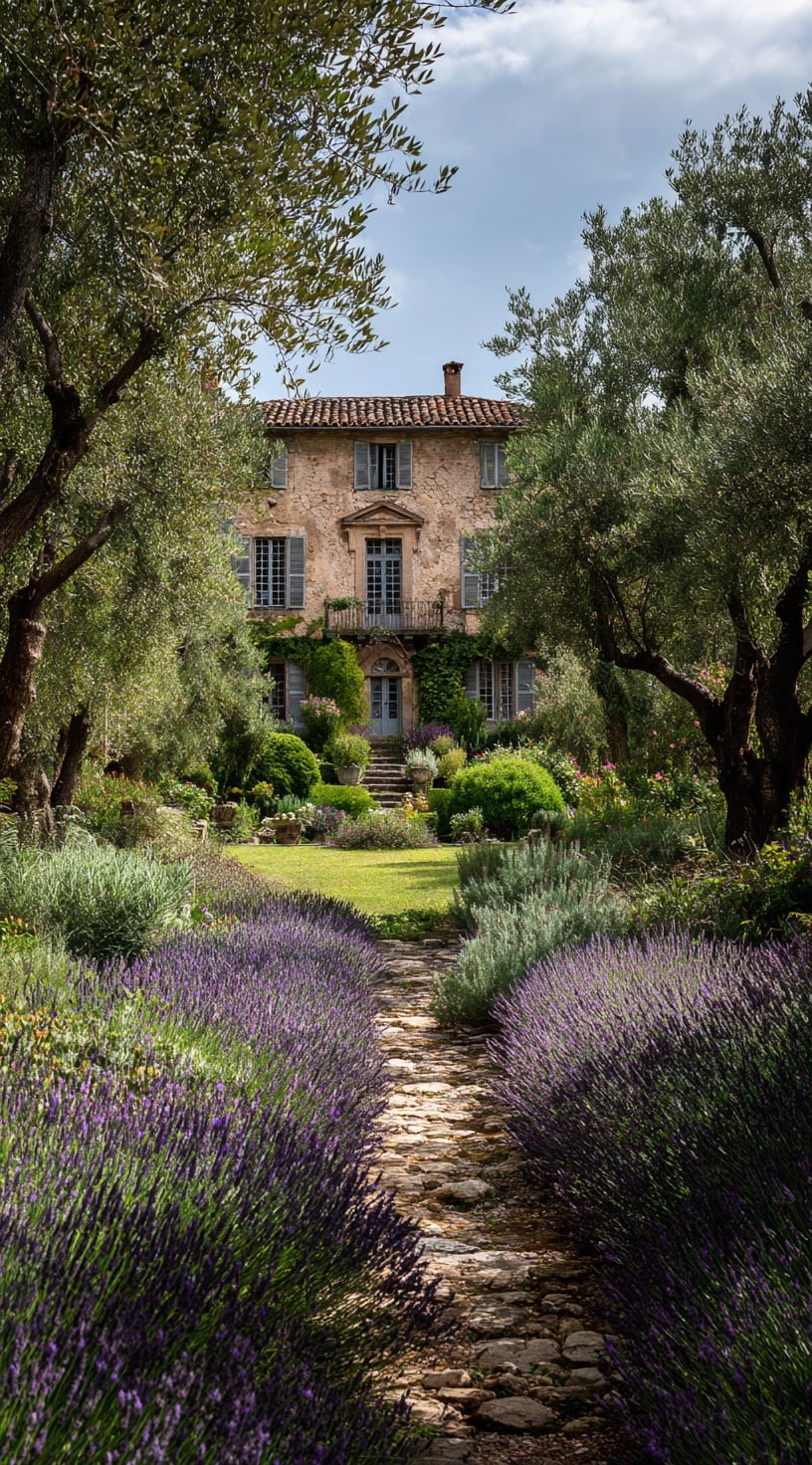 10. Rustic Lavender Driveway in a Mediterranean Garden