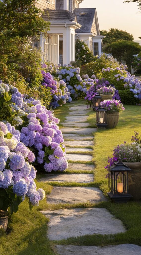 Stone Garden Pathway Surrounded by Blooming Hydrangeas

