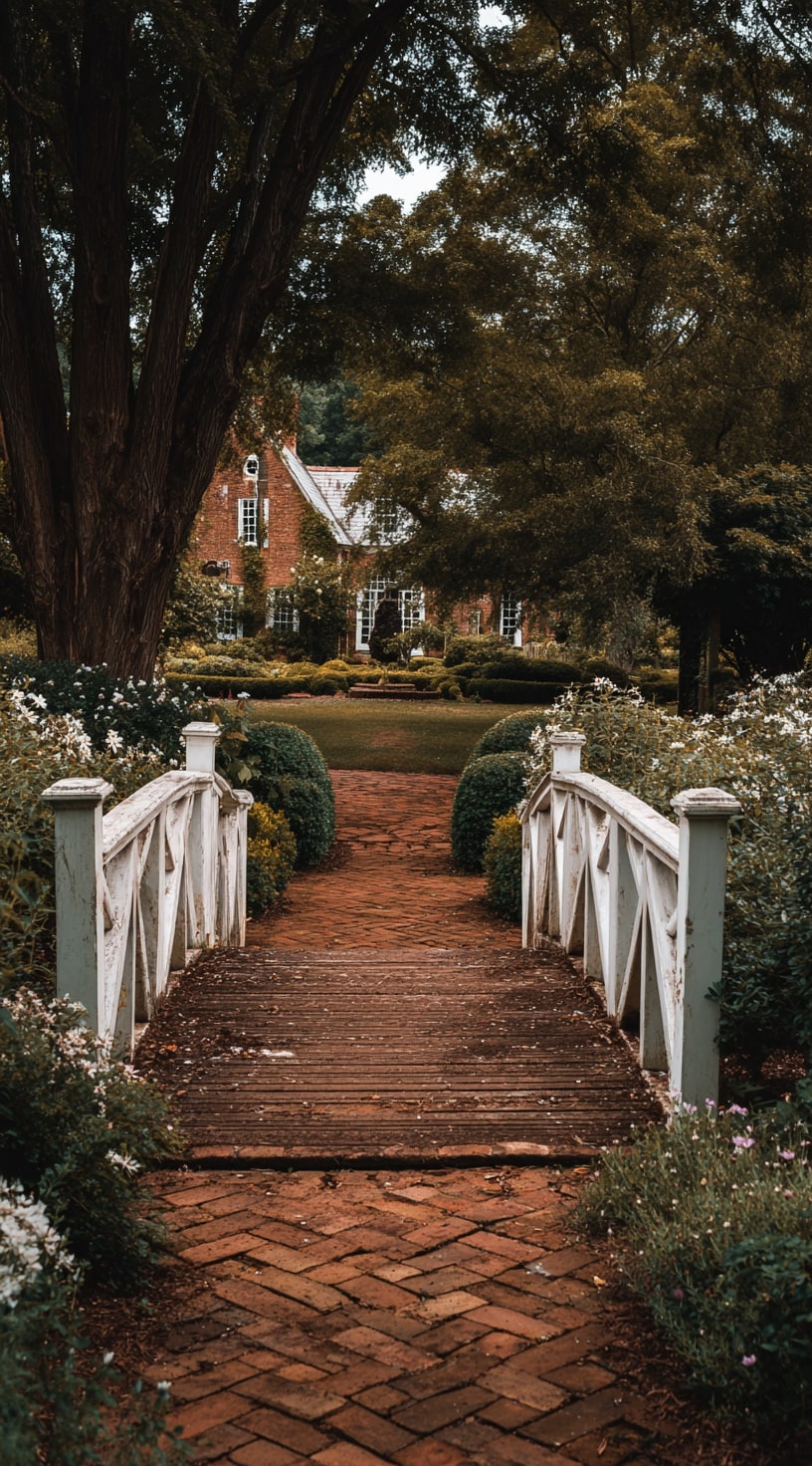 14. Brick Driveway with Garden Bridge Charm
