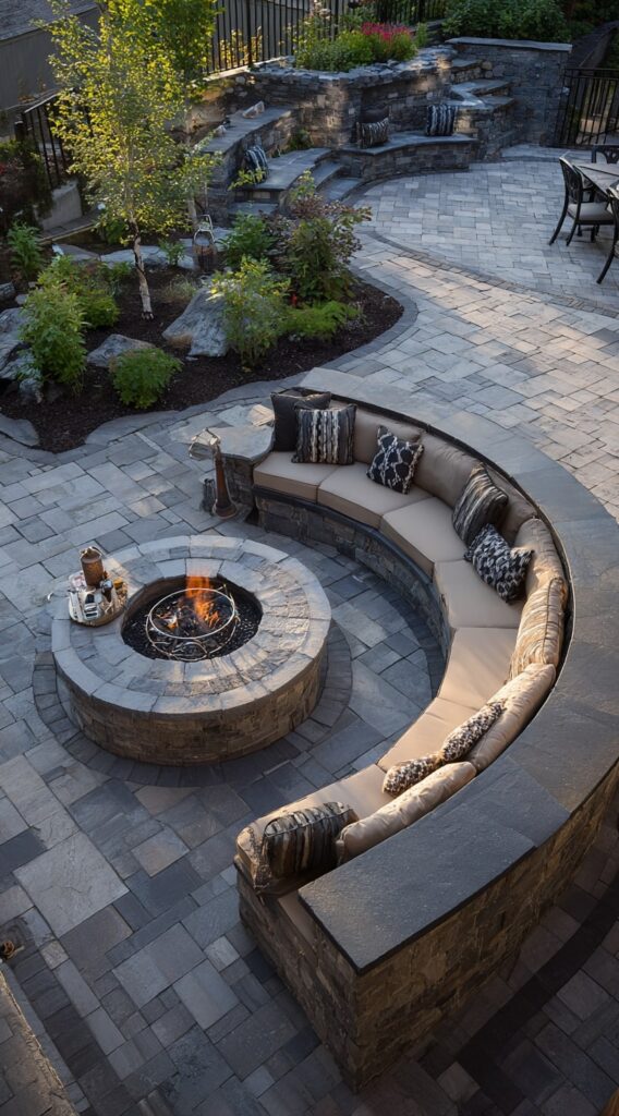 Curved Stone Patio with Cozy Fire Pit

