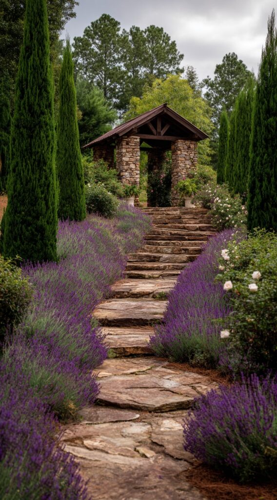 Lavender-Lined Stone Pathway with Cypress Trees

