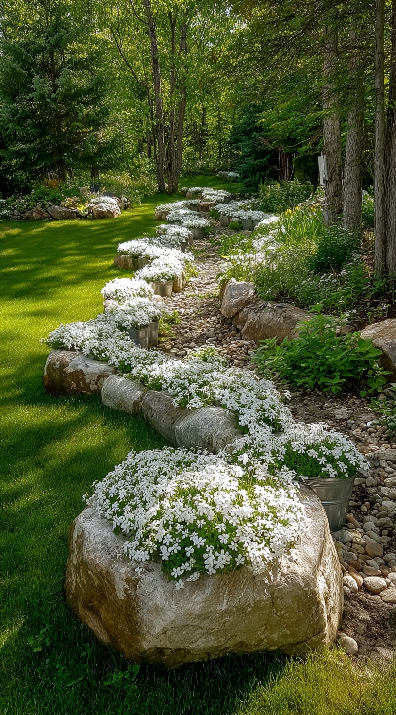 23. Rock-Lined Garden with White Phlox