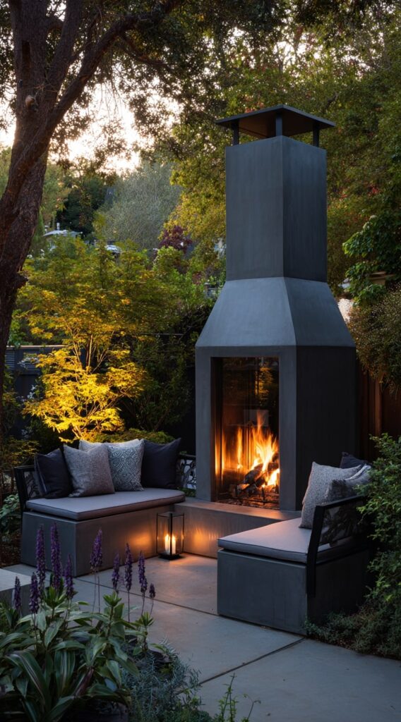 Modern Black Fireplace with Moody Garden Seating