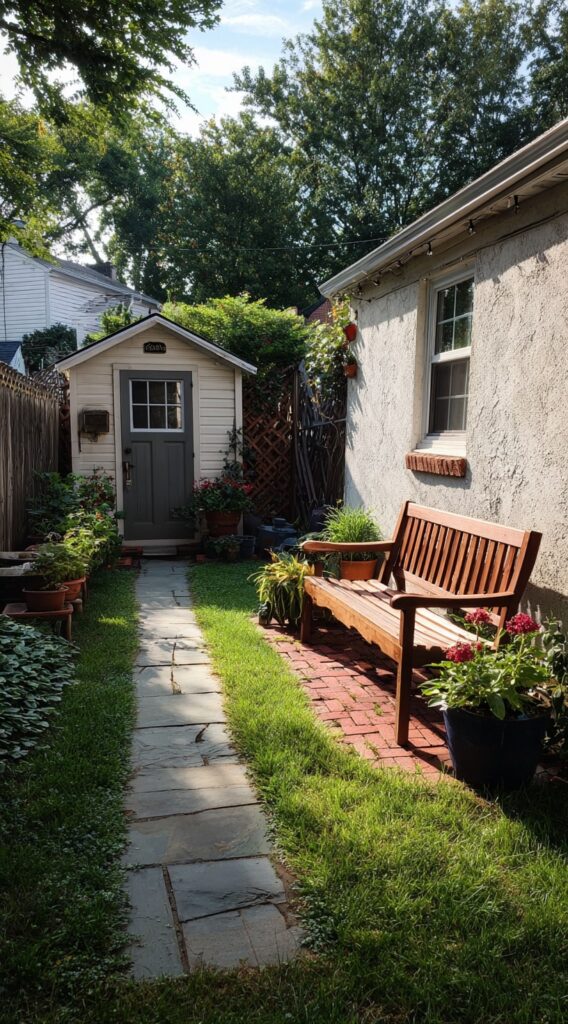 Narrow Stone Walkway Leading to a Cozy Garden Shed

