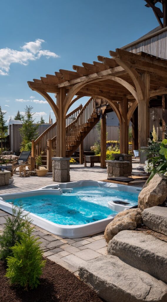 10. Backyard Spa with Rustic Pergola