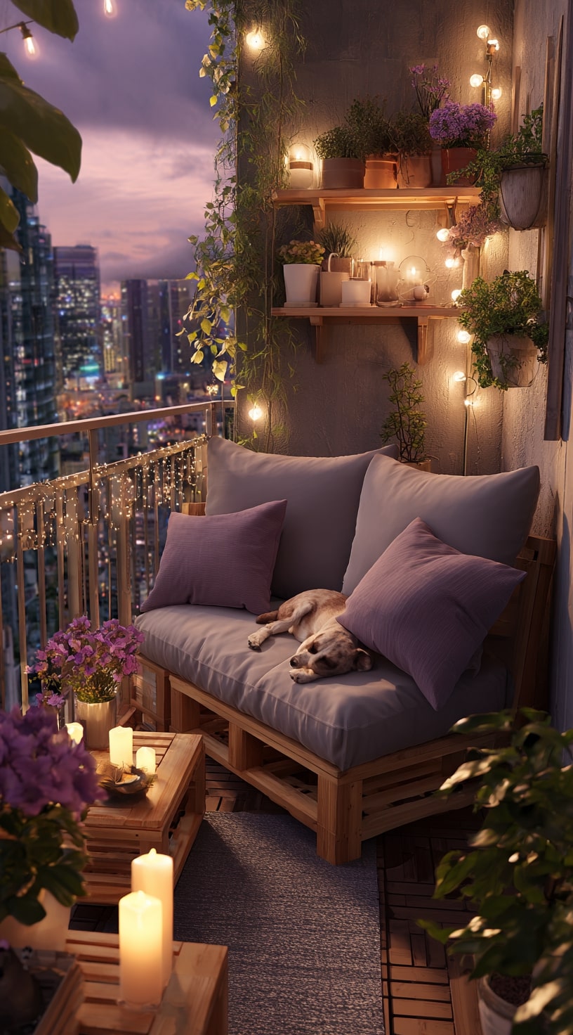 6. Cozy Twilight Balcony with Warm Lights and Plants