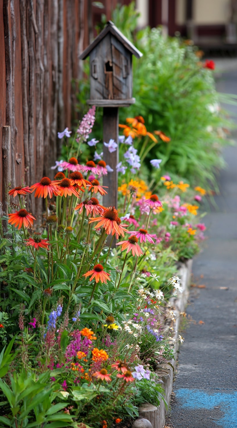 9. Cottage-Style Border with Coneflowers and Wild Blooms