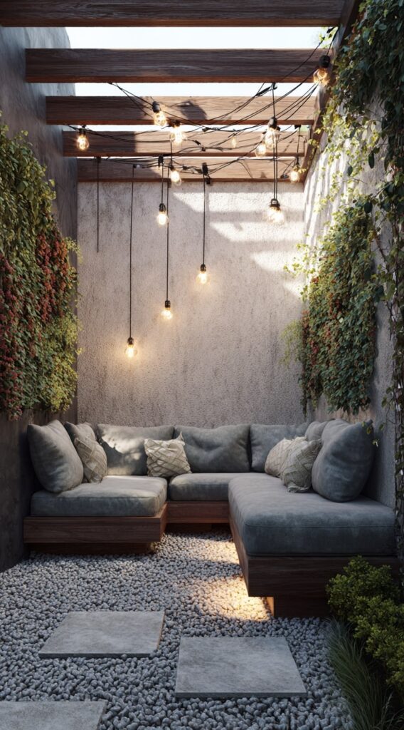 Cozy Courtyard Nook with Hanging Lights

