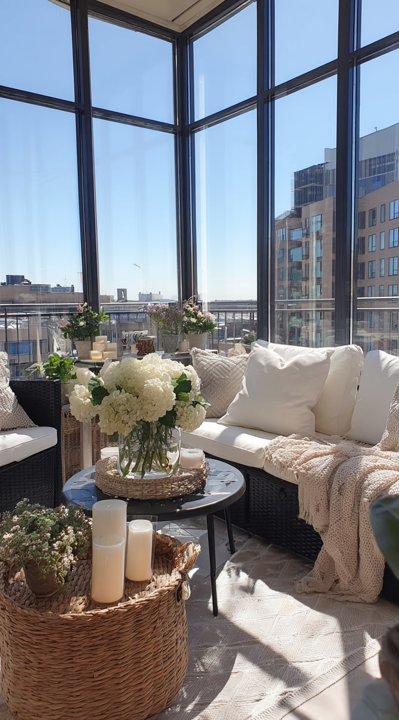 7. Bright Balcony Garden with Glass Walls and Soft Neutrals
