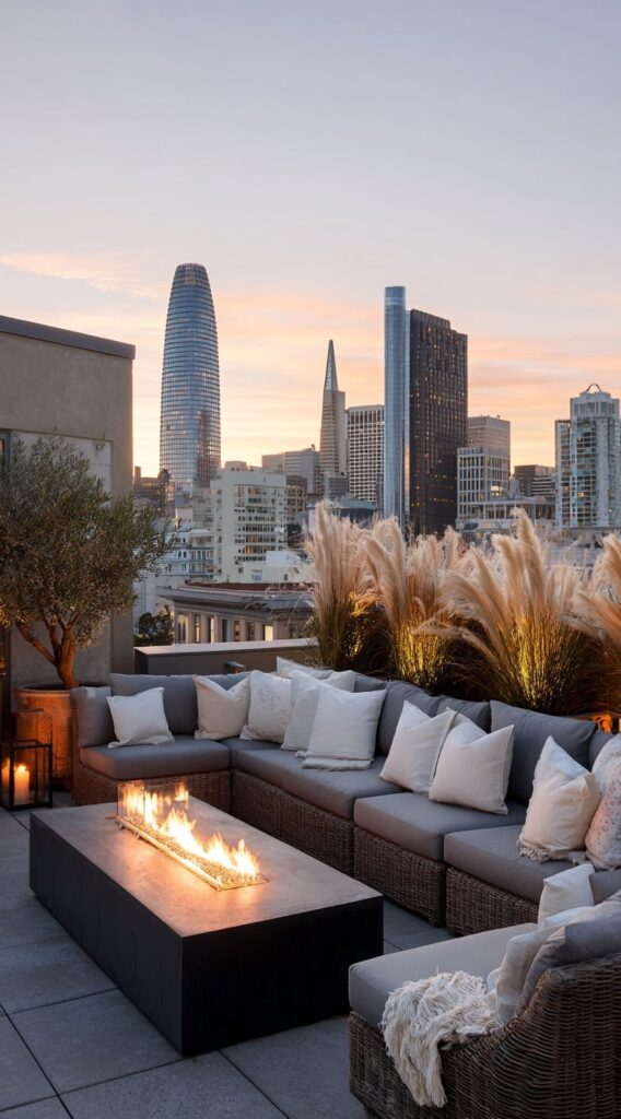 Rooftop Lounge with City Views and Fire Table

