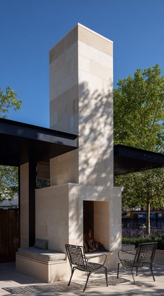 Sleek Limestone Fireplace with Tall Chimney
