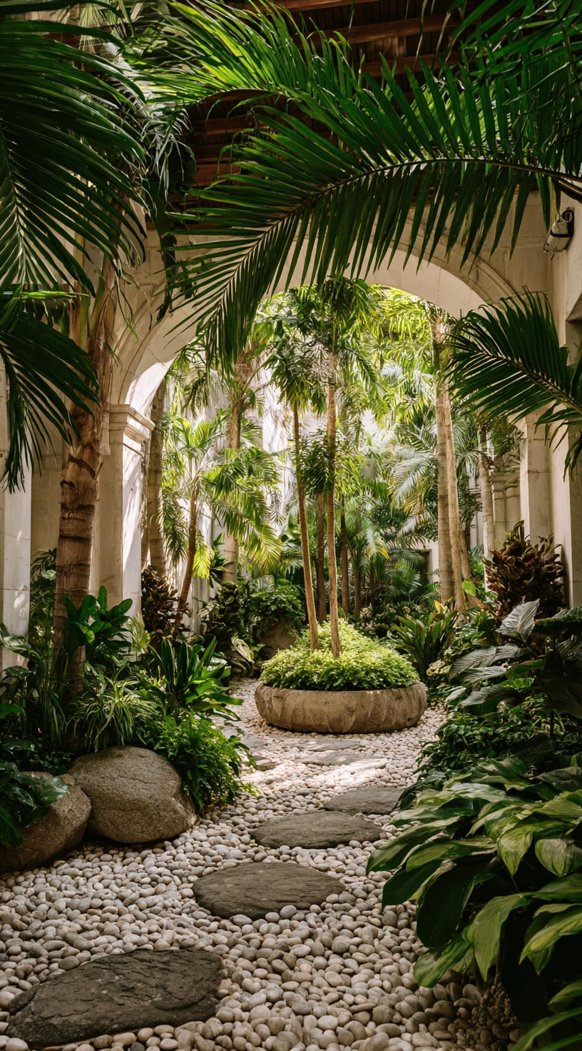 Arched Pathway Framed by Tropical Palms