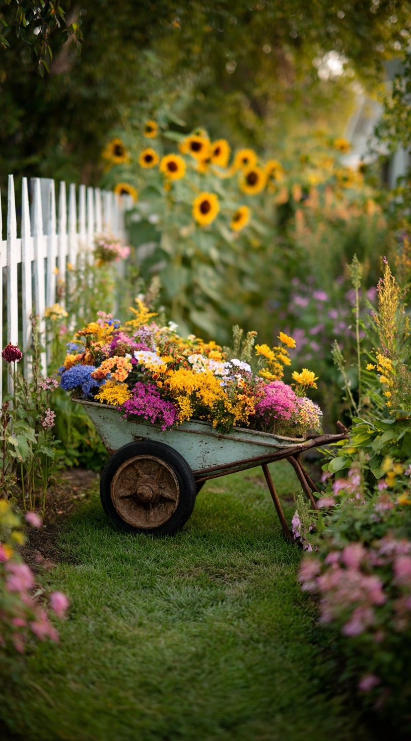 15. Vintage Wheelbarrow Flower Feature