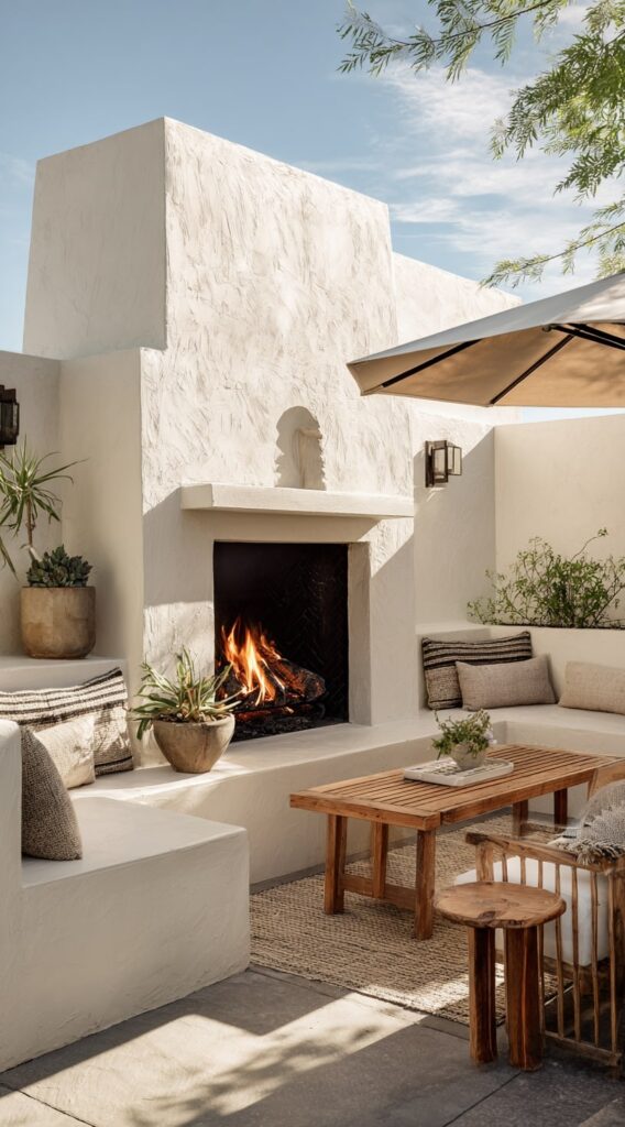 White Stucco Fireplace with Desert Minimalism