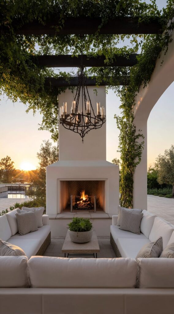 Romantic Courtyard Fireplace with Sunset Glow