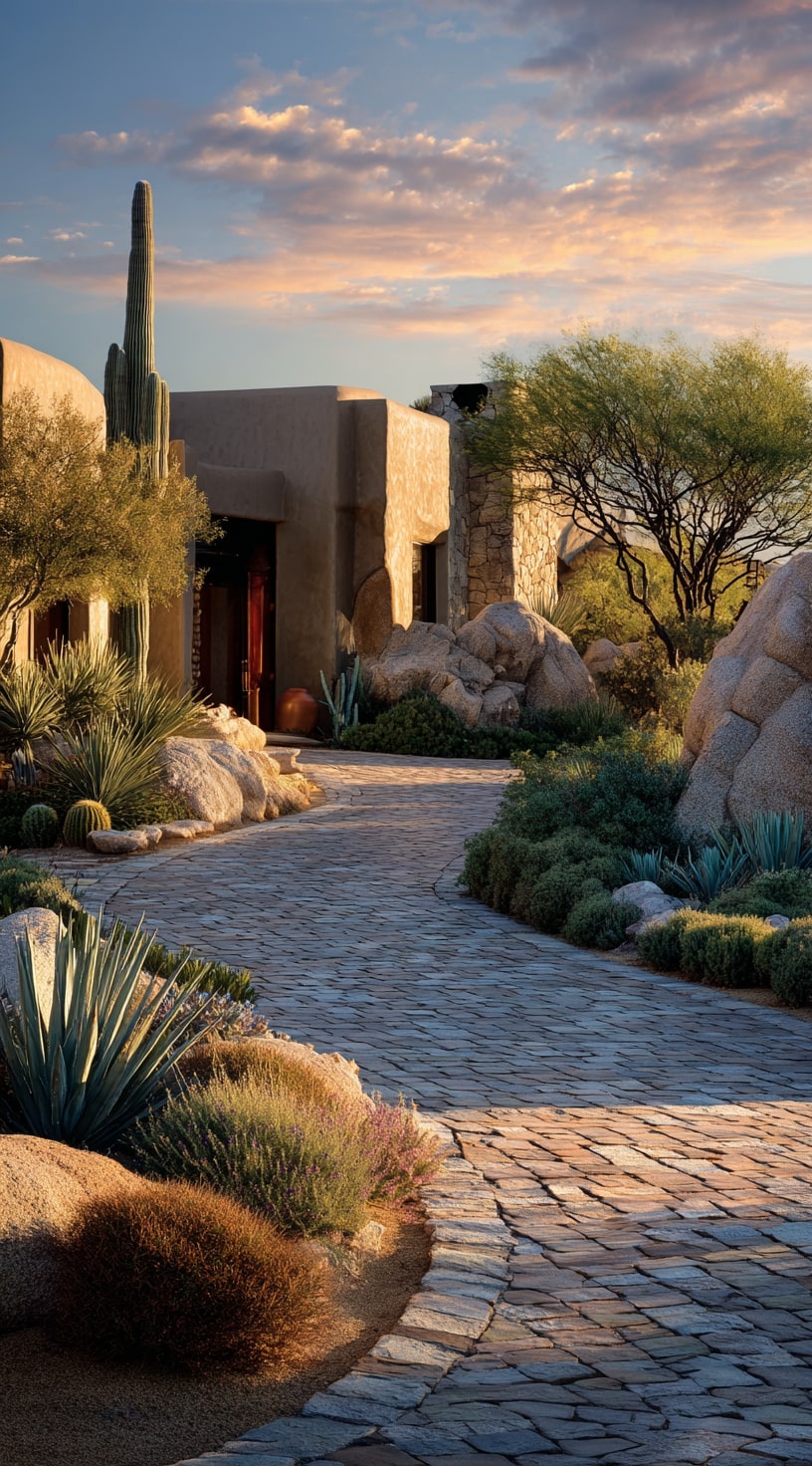18. Desert Driveway with Winding Cobblestone and Cactus Landscaping