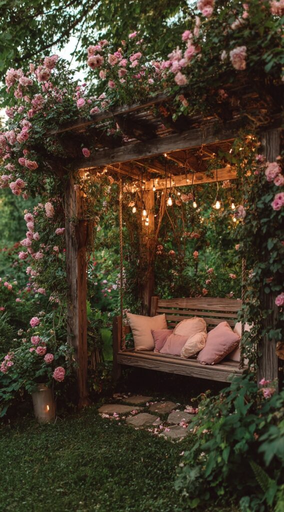 Cozy Rose-Covered Pergola Retreat

