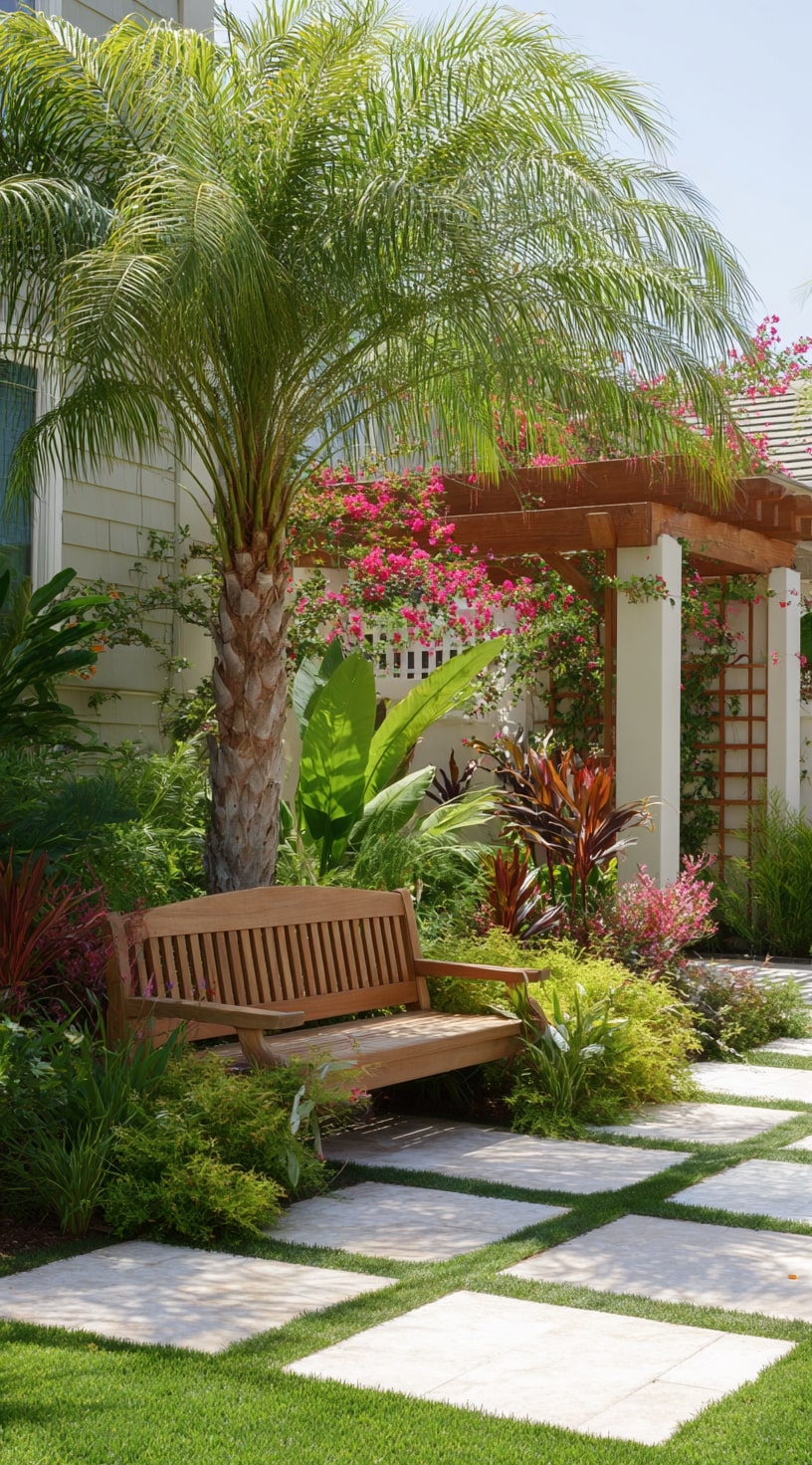 Shaded Bench Under a Palm Canopy