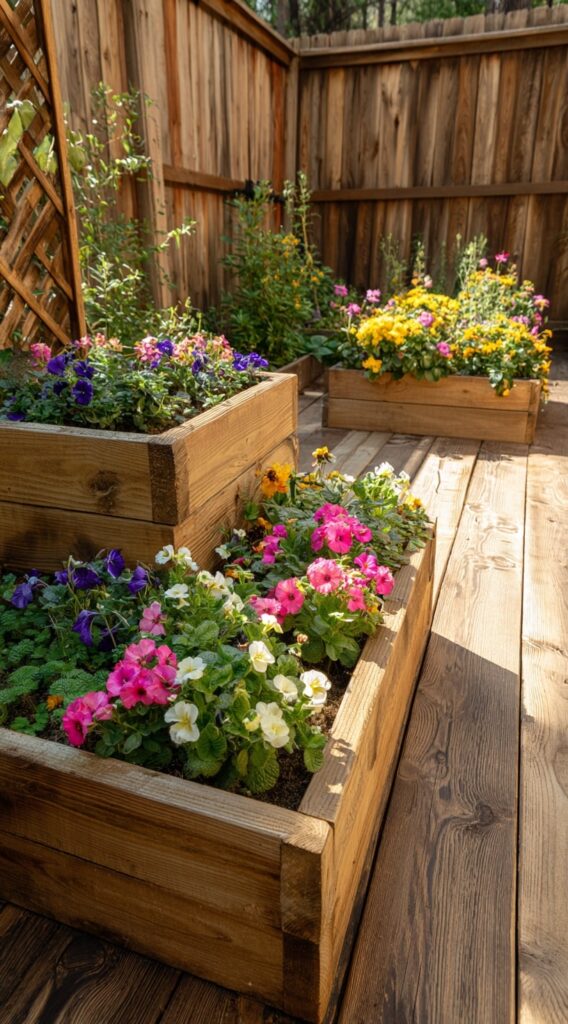 Tiered Wooden Planter Edging for a Colorful Patio Garden