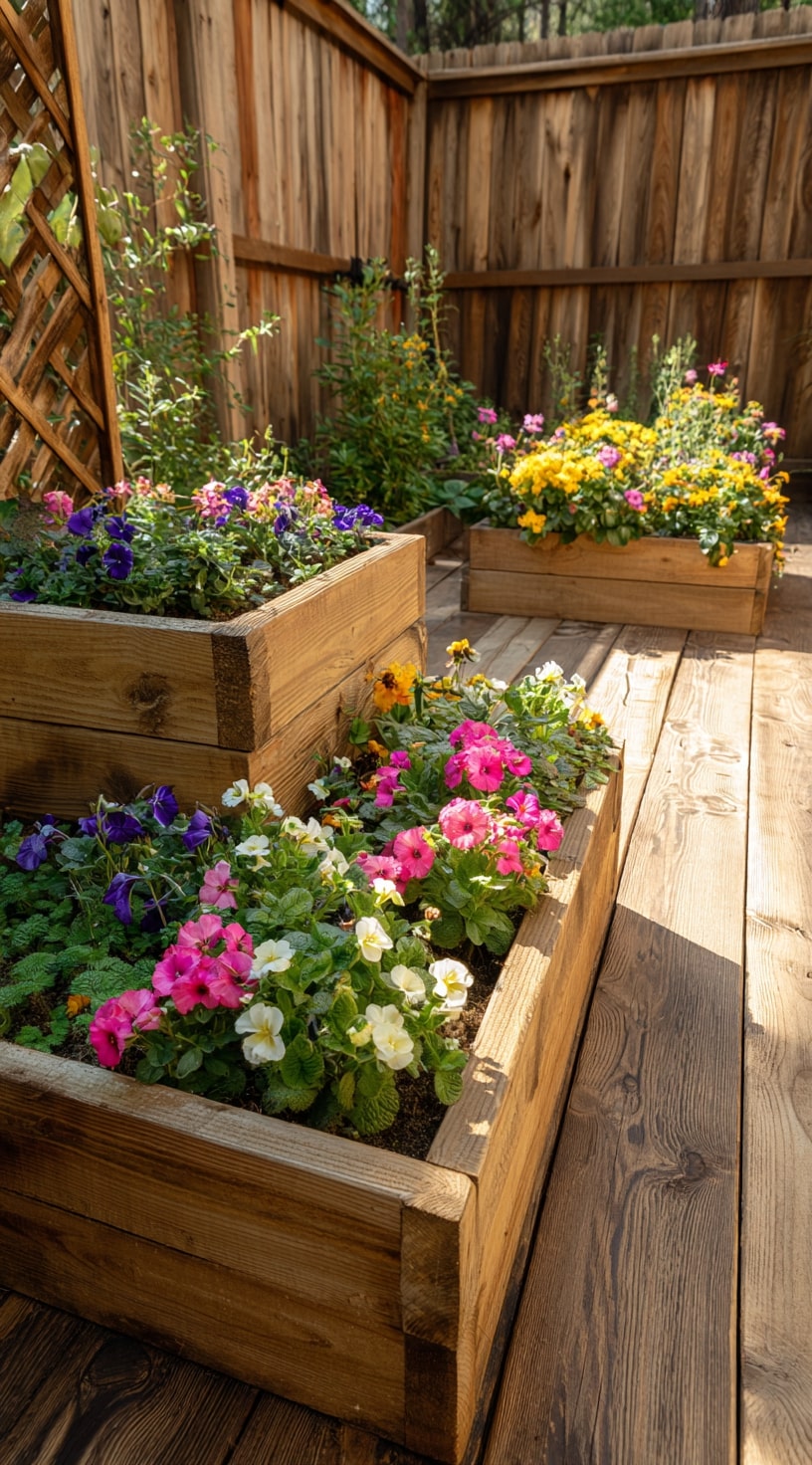 Tiered Wooden Planter Edging for a Colorful Patio Garden

