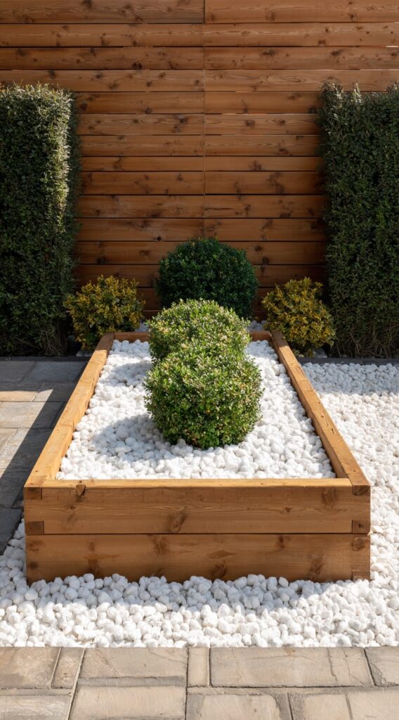 Wooden Raised Bed with White Pebble Edging for a Clean Look