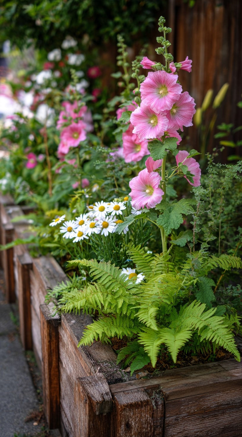 13. Raised Bed with Hollyhocks and Daisies