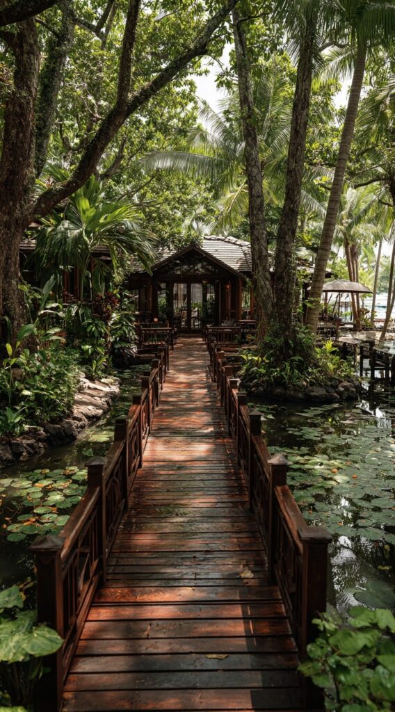 Wooden Walkway Over Water in a Lush Tropical Garden

