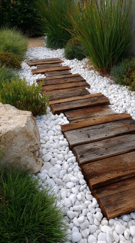 Reclaimed Wood Pathway Over Crisp White Pebbles