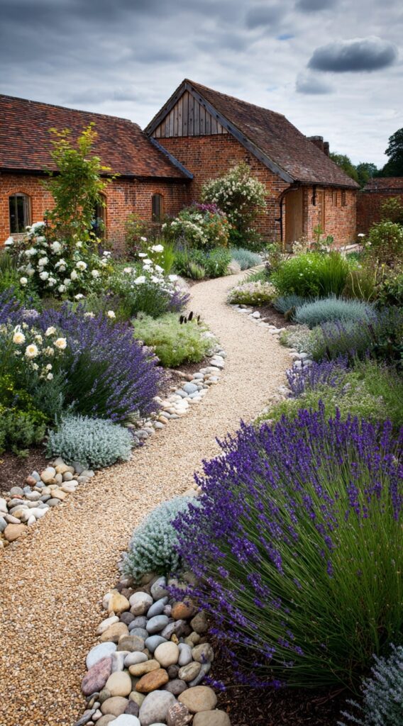 Curved Gravel Walkway Through a Blooming English Garden

