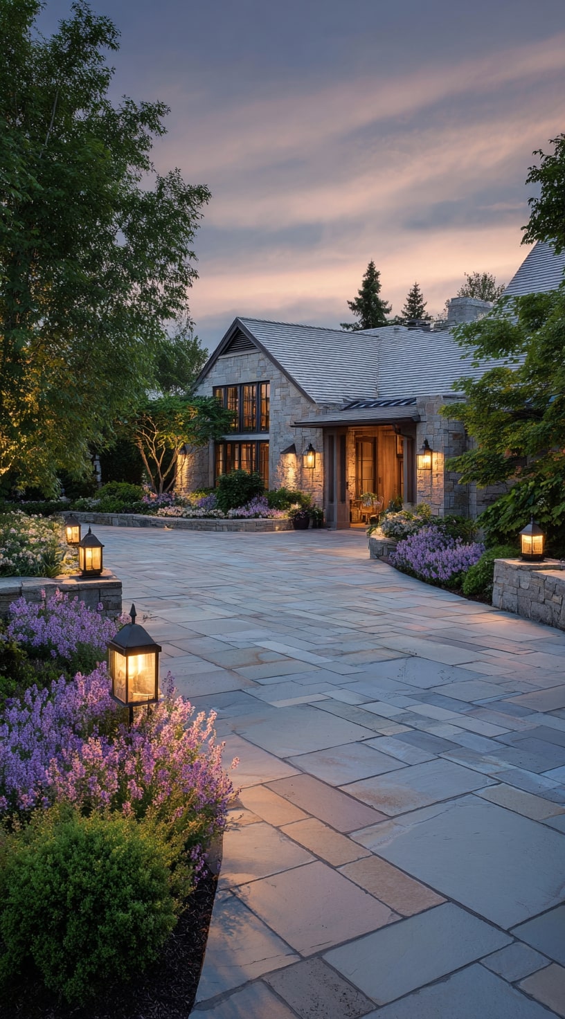 17. Flagstone Driveway with Soft Lighting and Lavender Borders