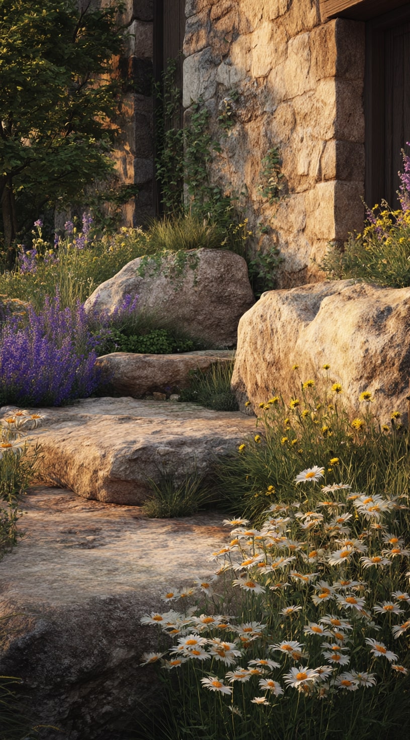 Natural Boulder Edging for a Rustic Wildflower Garden

