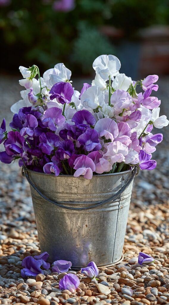 Sweet Peas in a Weathered Bucket