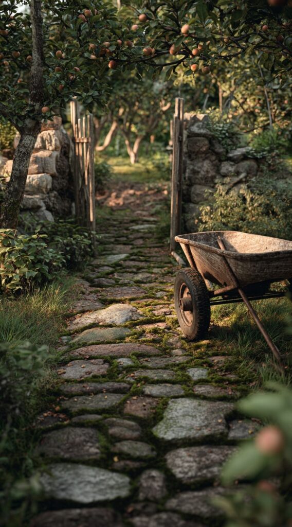 Mossy Stone Walkway Through a Peaceful Orchard Gate


