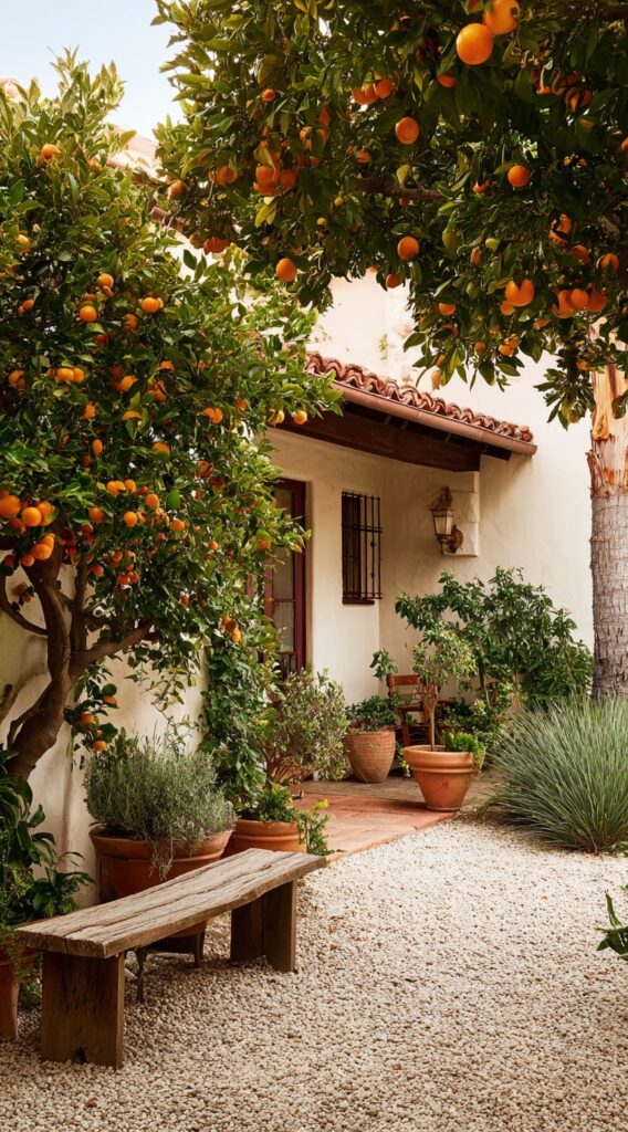 Courtyard Garden with Orange Trees and Rustic Charm