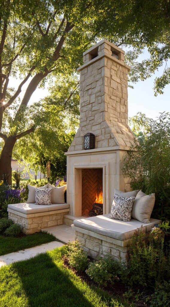 Classic Garden Fireplace with Built-In Benches