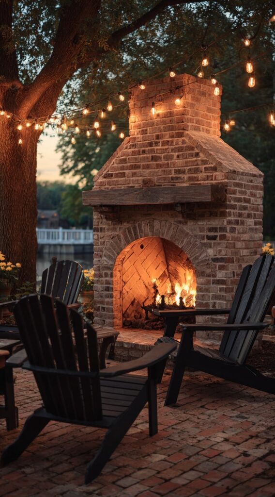 Brick Fireplace with String Lights and Adirondack Charm