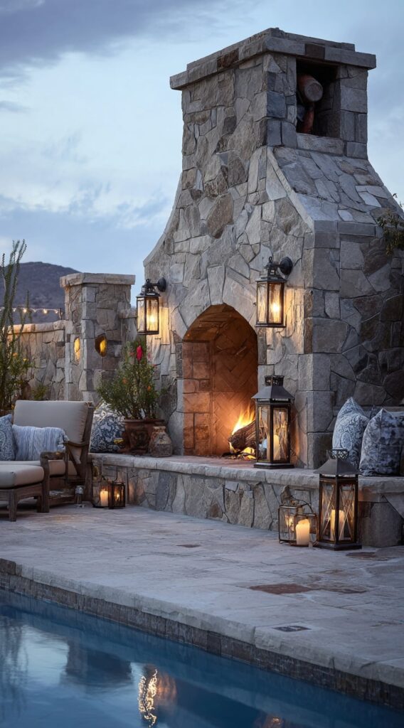 Poolside Stone Fireplace with Lantern Glow