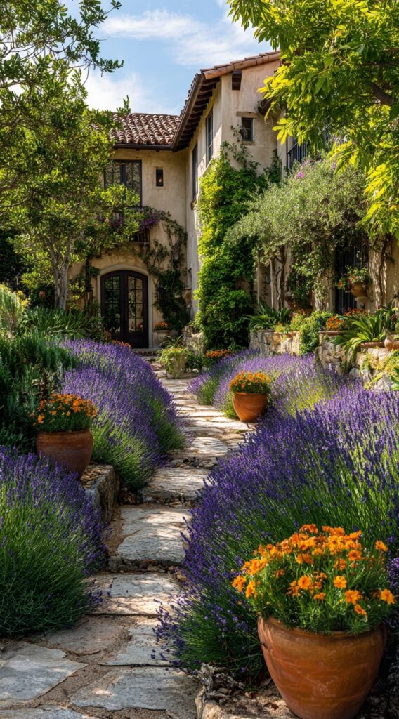 Lavender-Lined Walkway to a Mediterranean Villa