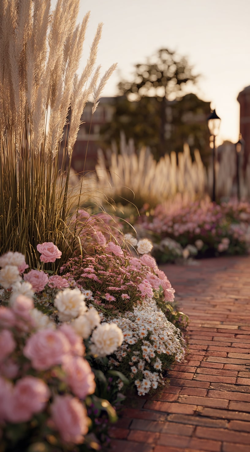 Soft Grass and Bloom Edging for a Romantic Brick Walkway