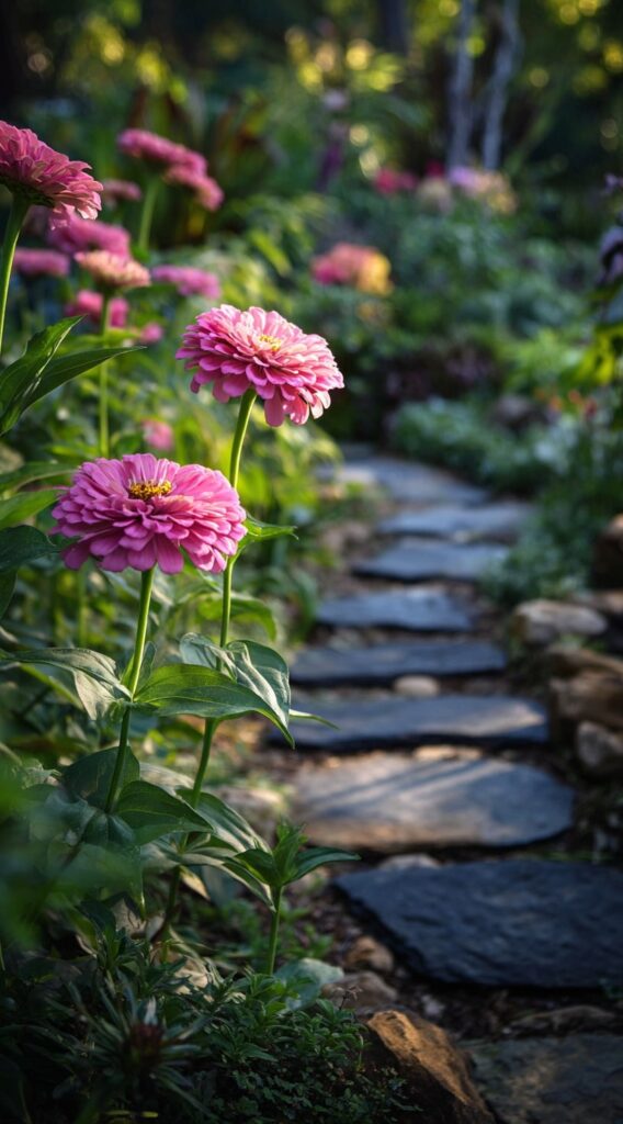 Black Stone Stepping Path with Blooming Zinnias

