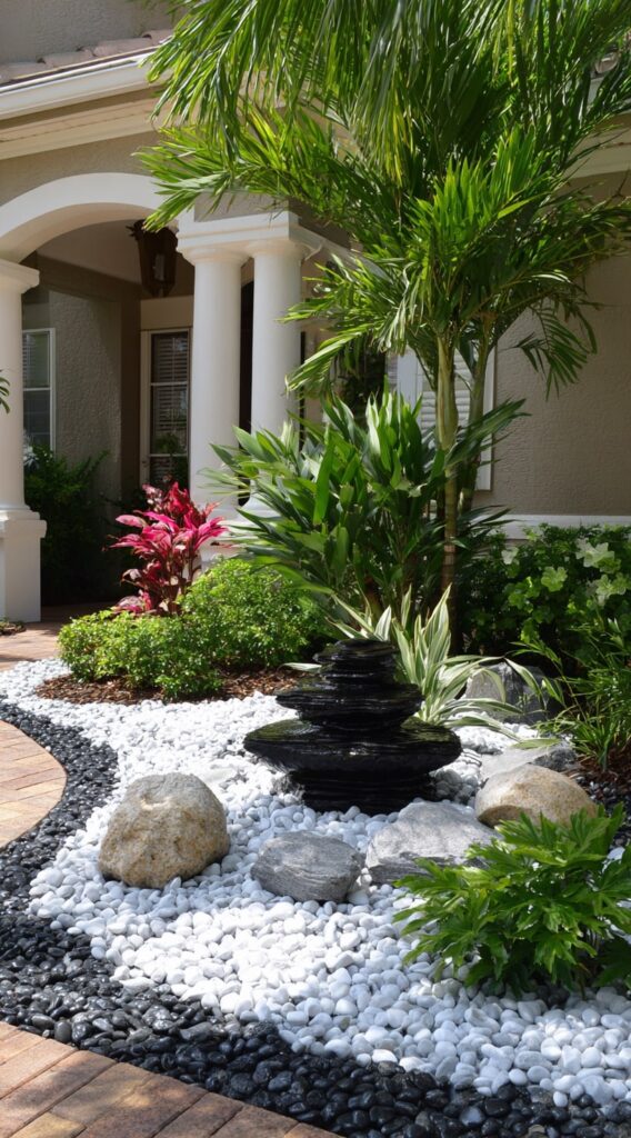 Black and White Pebble Edging for a Striking Entryway