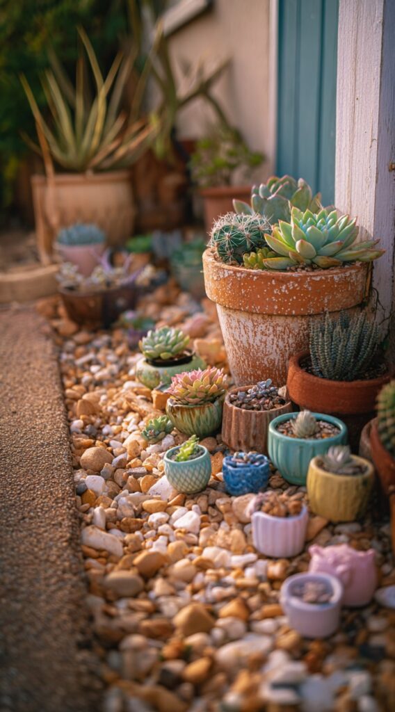 14. Colorful Succulent Corner with Pebble Base

