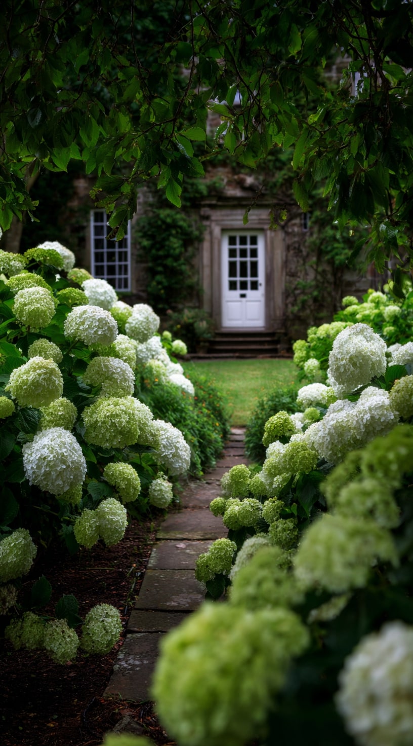 23. Narrow Stone Path Framed by White Hydrangeas