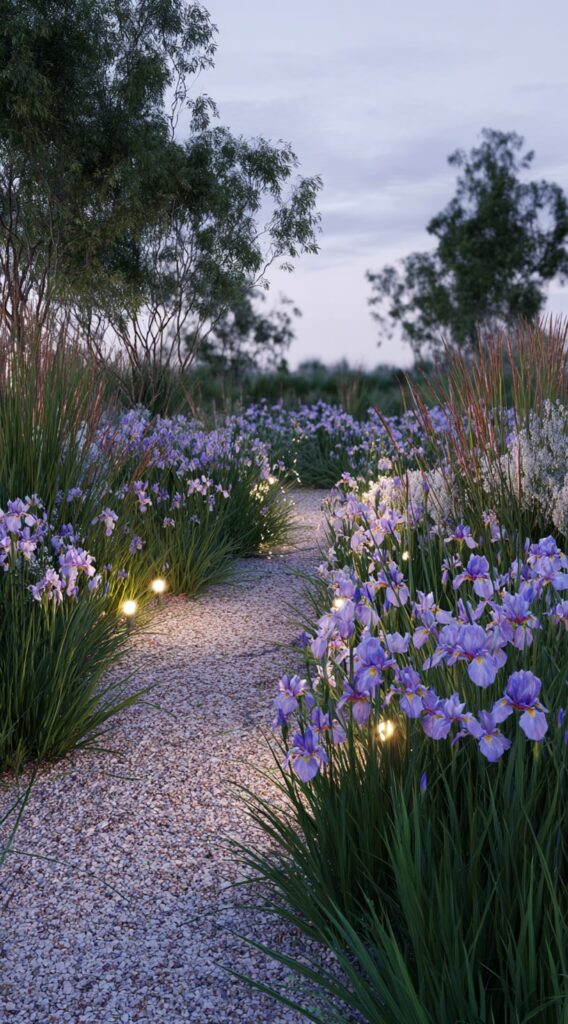 Twilight Gravel Pathway Lined with Irises and Soft Lights