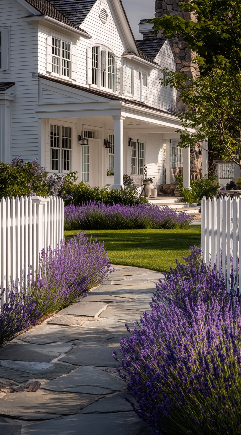 4. Lavender-Lined Path for a Charming Front Yard