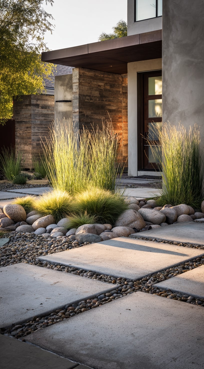 15. Minimalist Concrete Driveway with Pebble Grid Design
