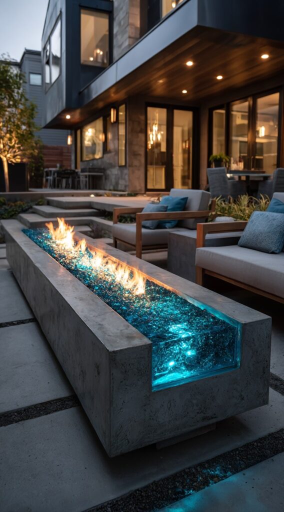 Modern Fire Pit with Blue Crystal Glow